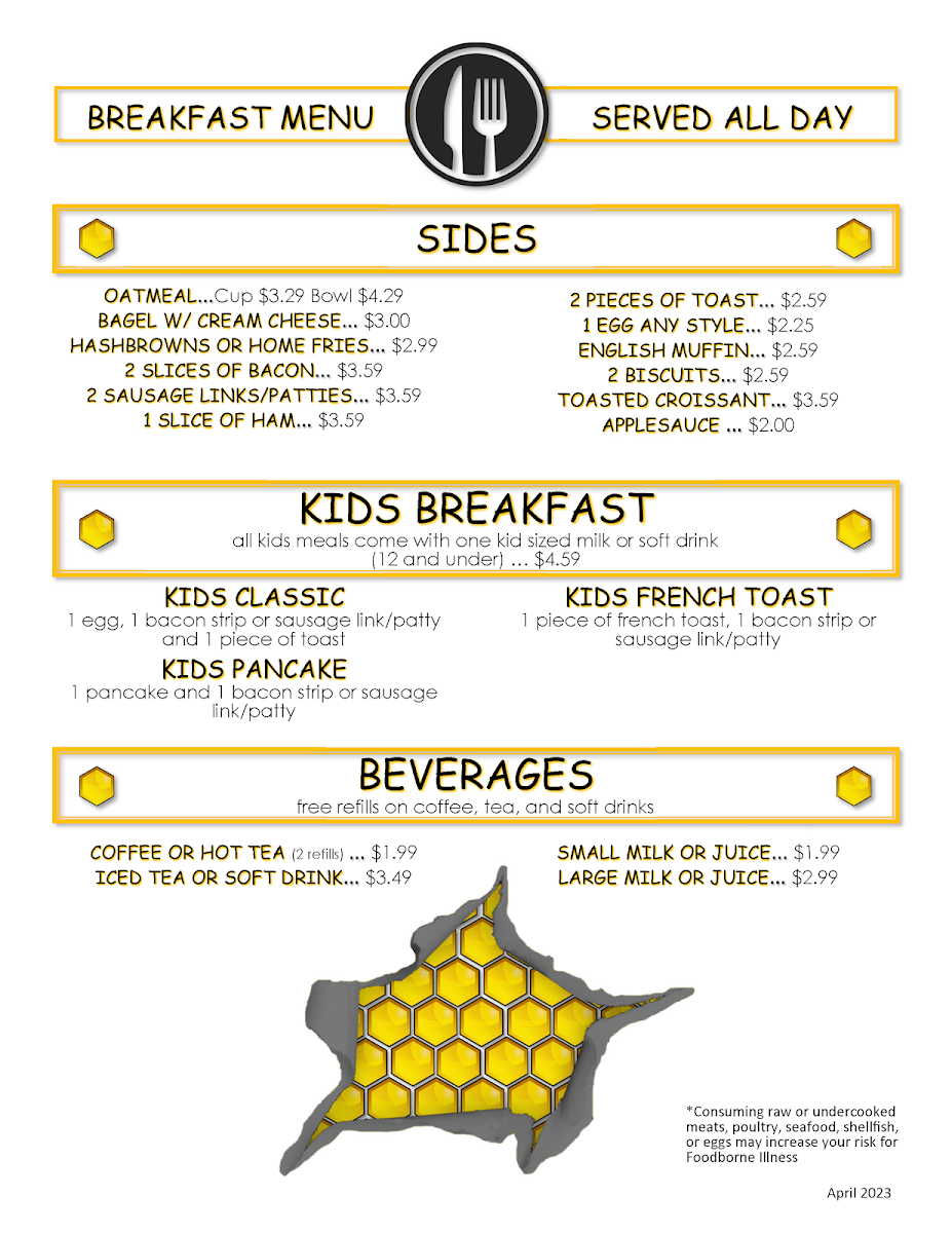 Honey'z cafe menu board