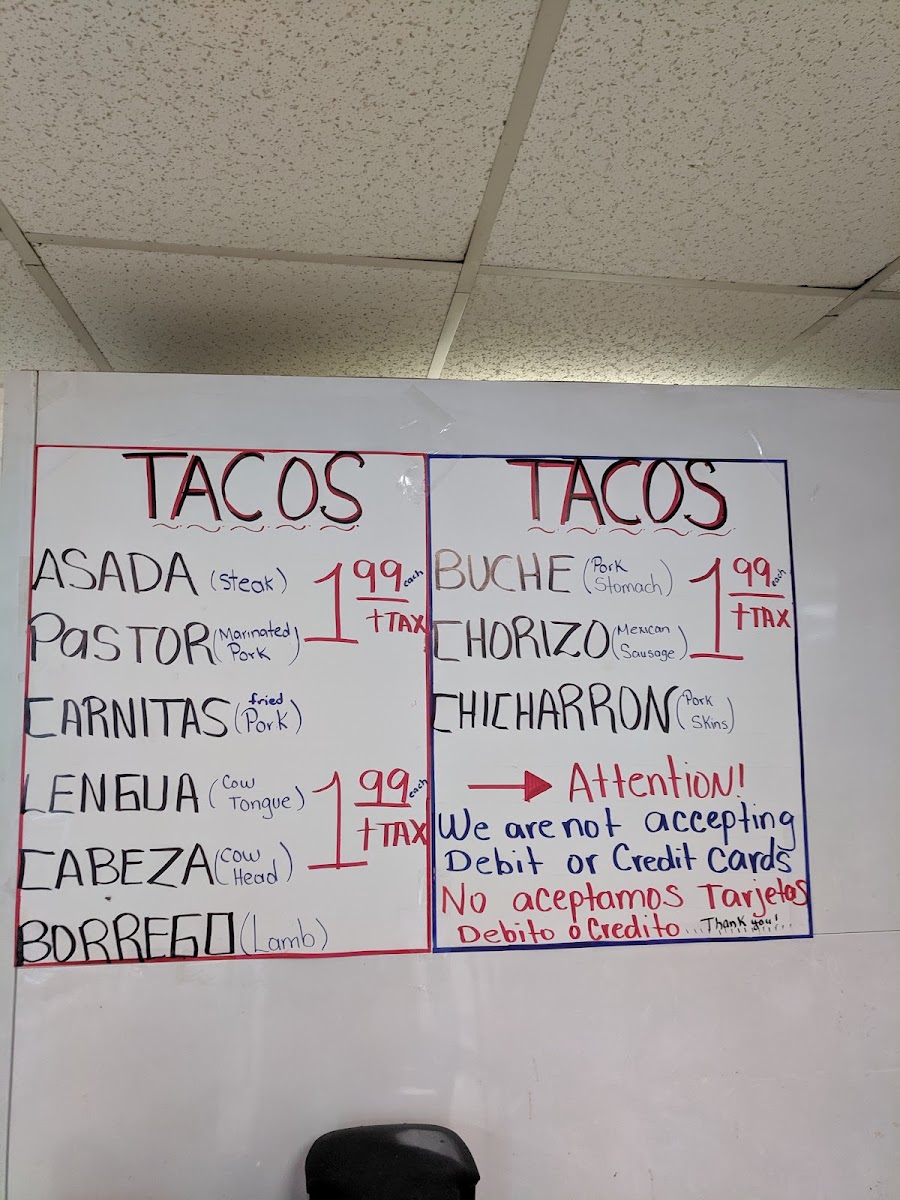 La Rosita Tienda & Taqueria menu board