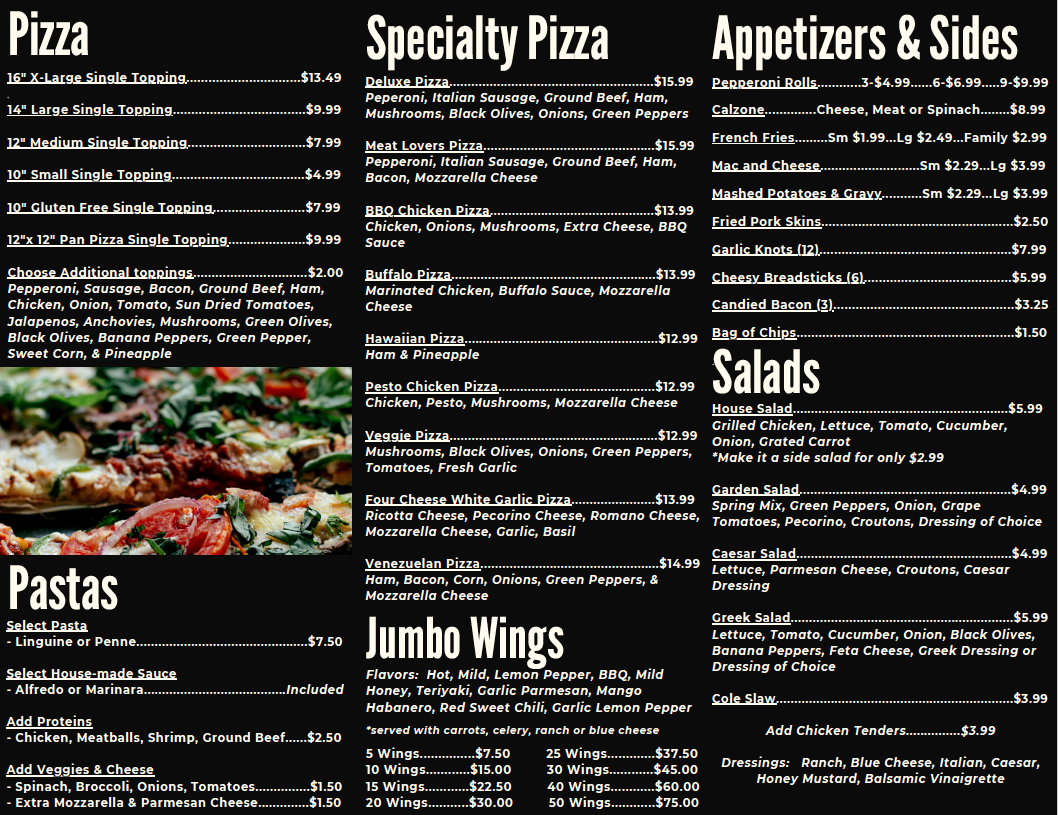 Mario's Pizza, Wings & Catering menu board