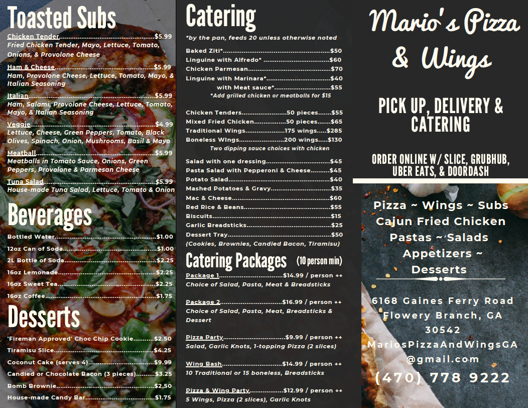 Mario's Pizza, Wings & Catering menu board