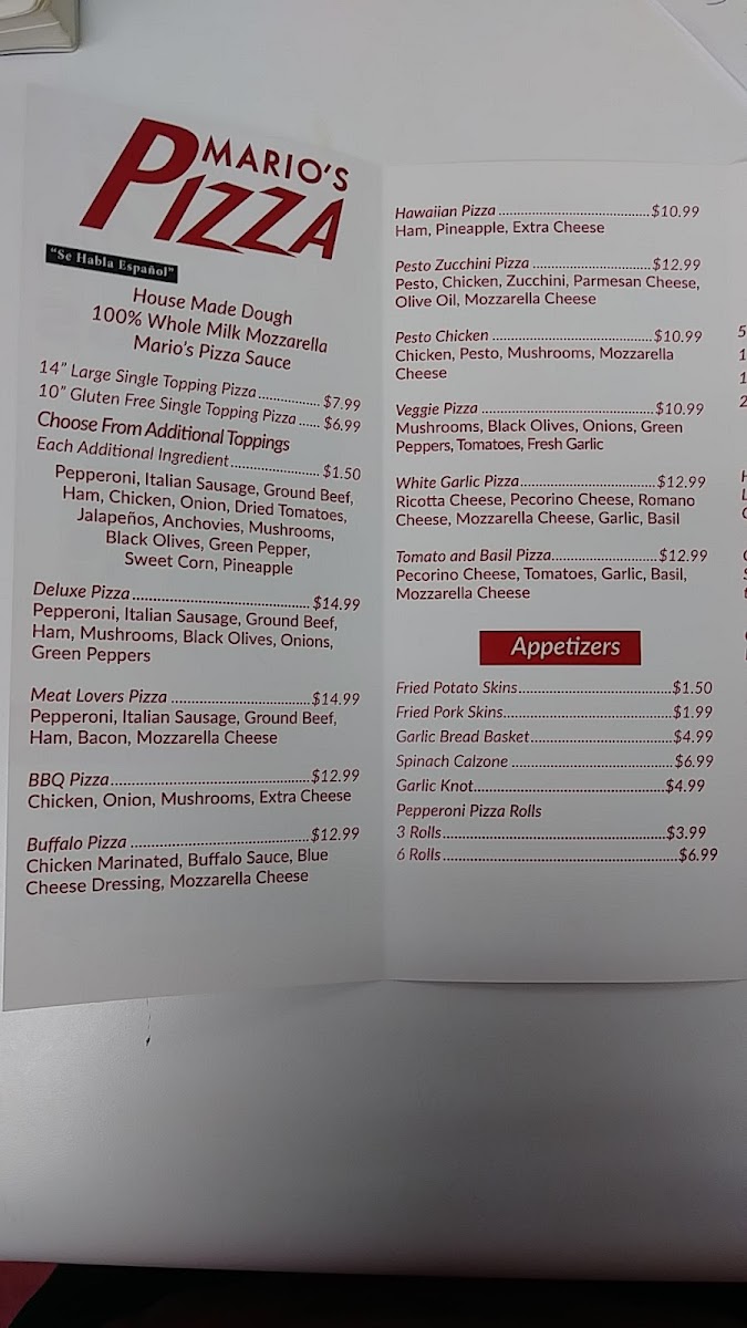 Mario's Pizza, Wings & Catering menu board