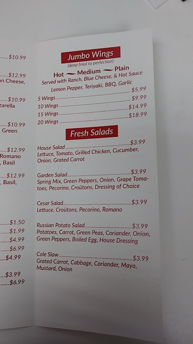 Mario's Pizza, Wings & Catering menu board