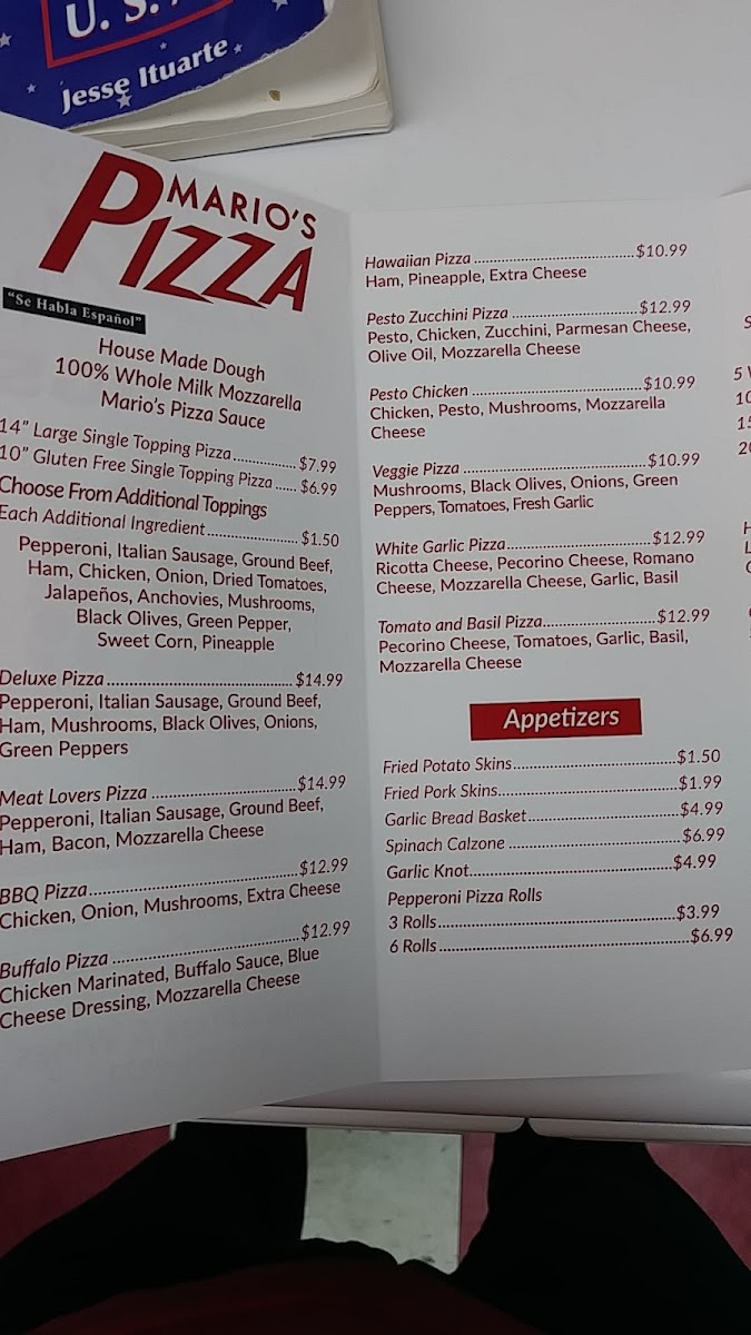 Mario's Pizza, Wings & Catering menu board