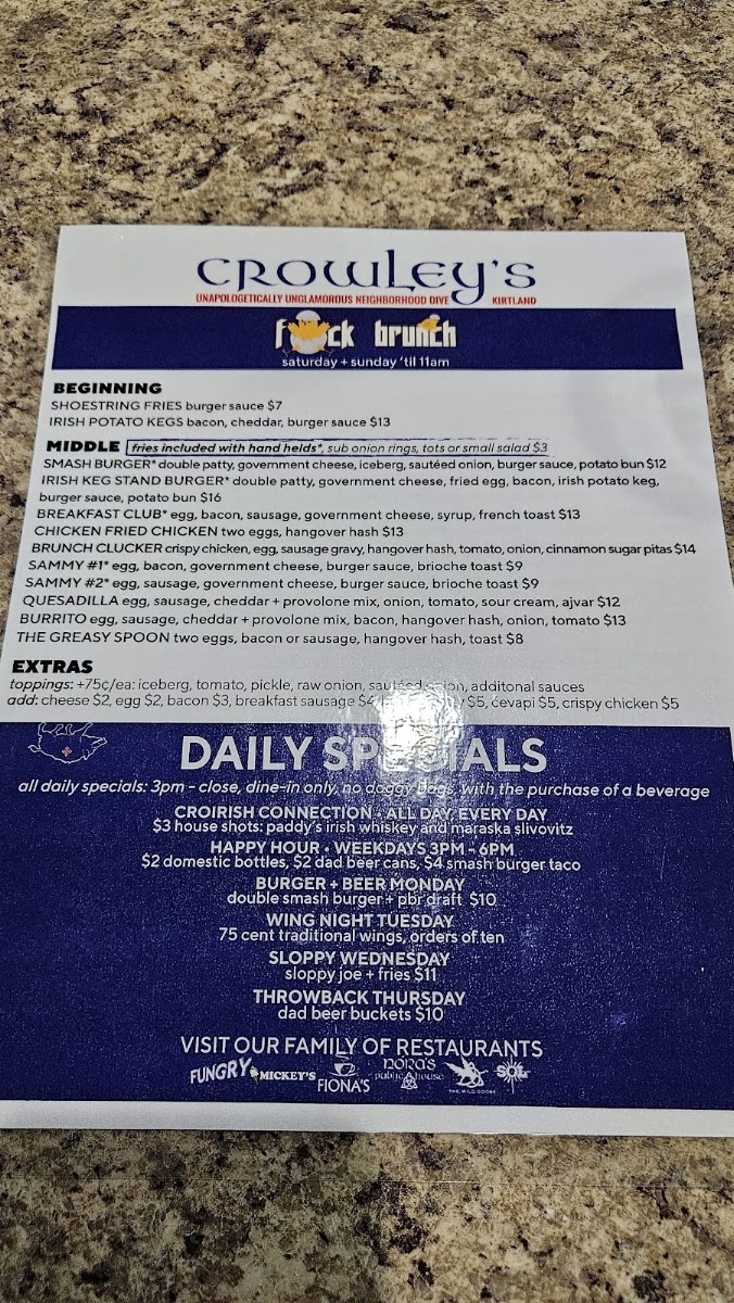 Crowley's Dive Bar - Kirtland menu board