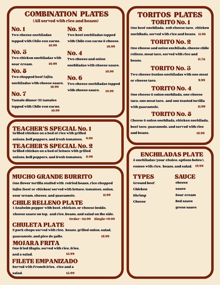 Los Toritos Mexican Restaurant menu board