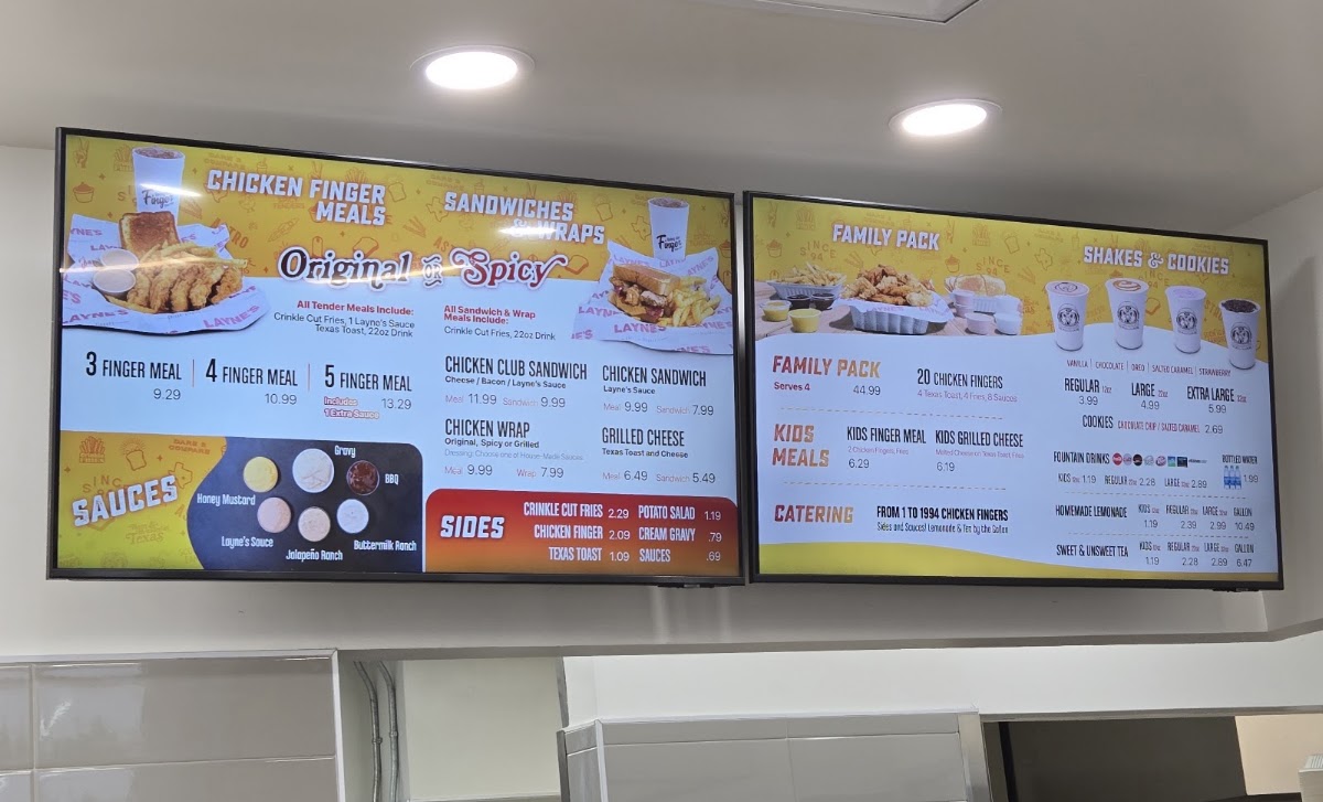 Layne's Chicken Fingers- San Marcos menu board