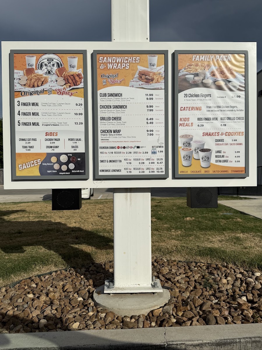 Layne's Chicken Fingers- San Marcos menu board