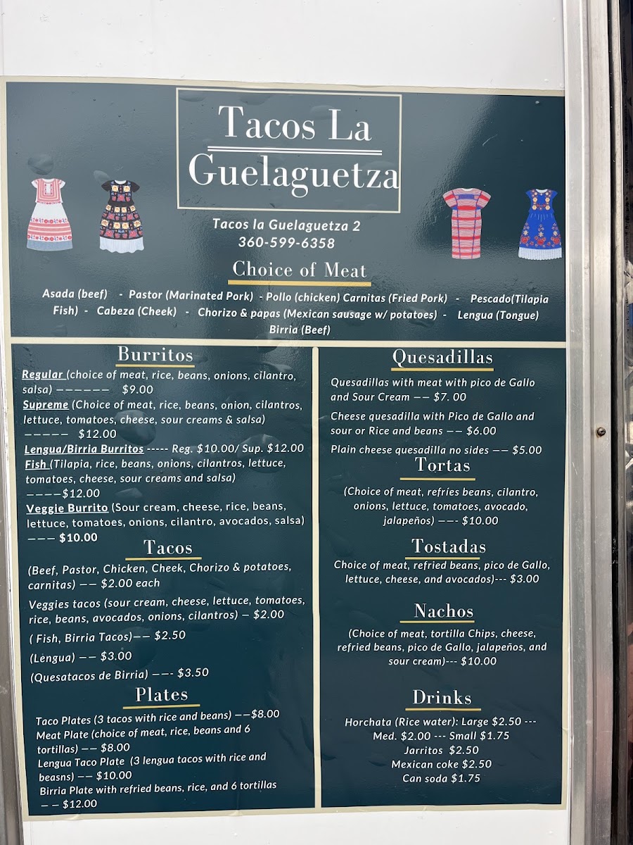 Tacos La Guelaguetza 2 menu board