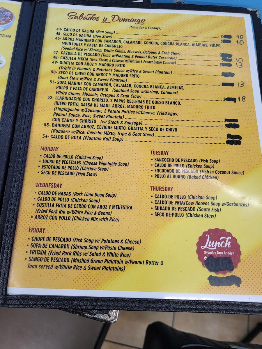 Veras Restaurante menu board