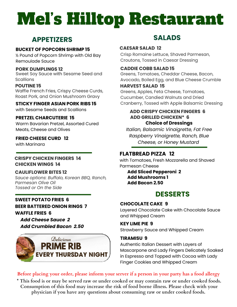 Mel's Hilltop Restaurant menu board