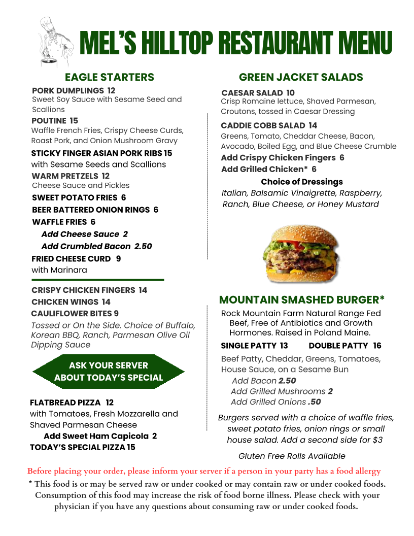 Mel's Hilltop Restaurant menu board