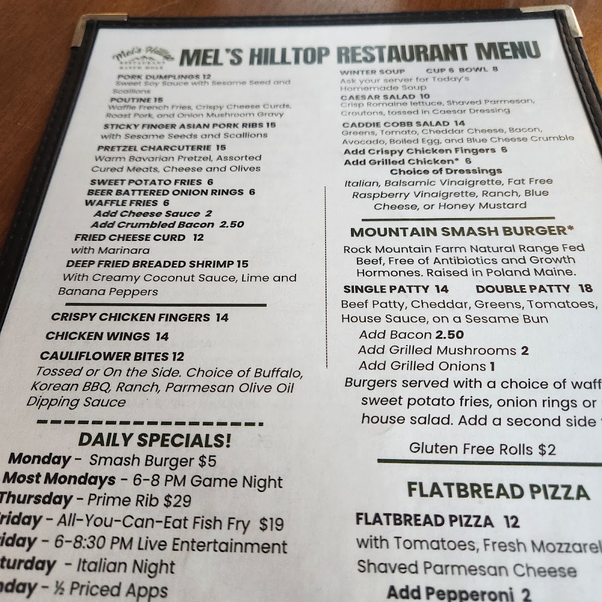 Mel's Hilltop Restaurant menu board