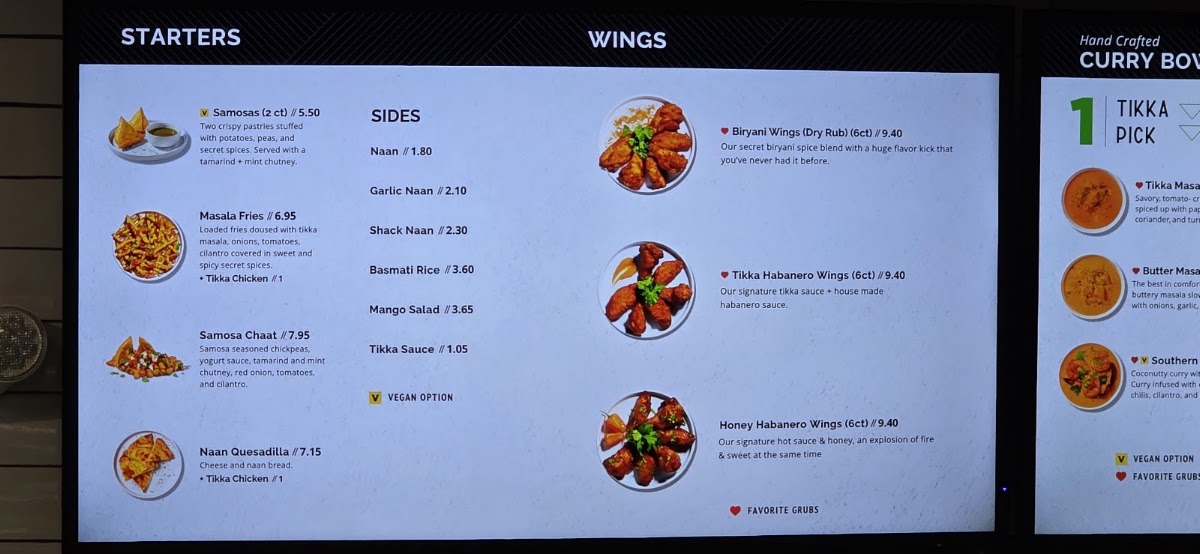 Tikka Shack Indian Grub menu board