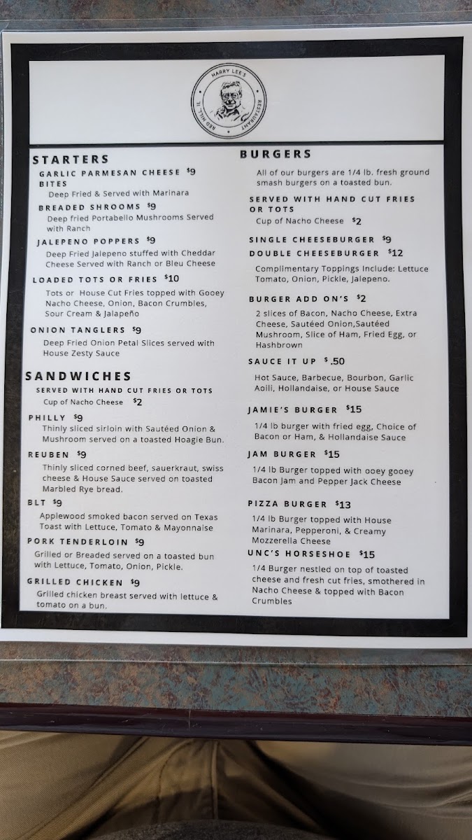 Harry's Lee's @ Redhill state park menu board