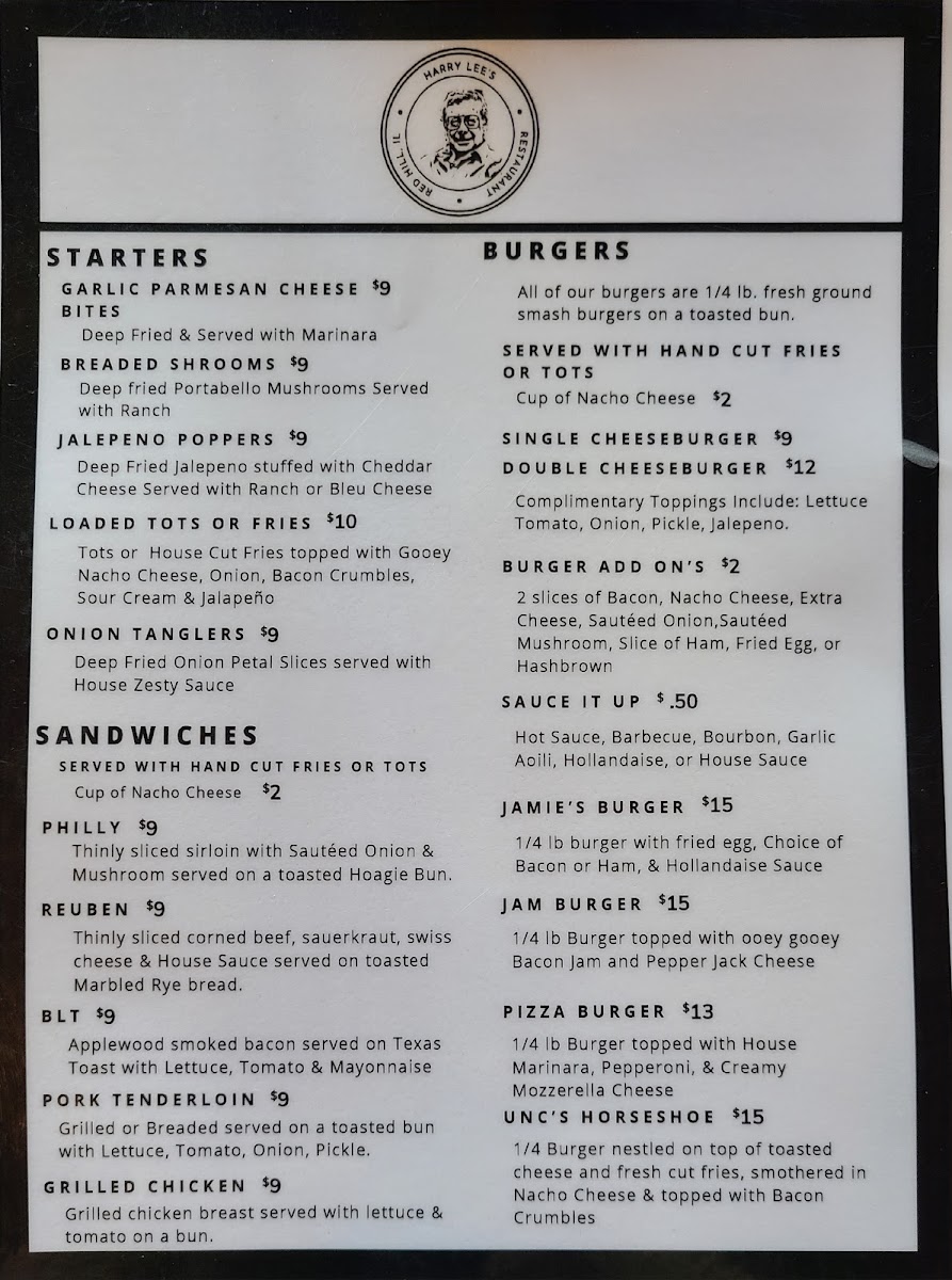 Harry's Lee's @ Redhill state park menu board