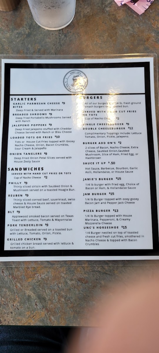Harry's Lee's @ Redhill state park menu board