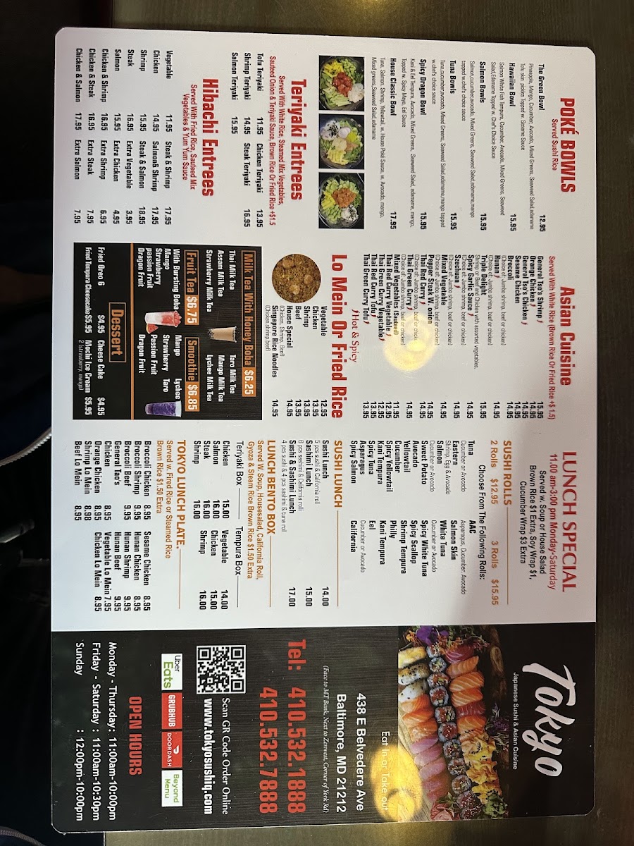 Tokyo Sushi Bar & Hibachi menu board