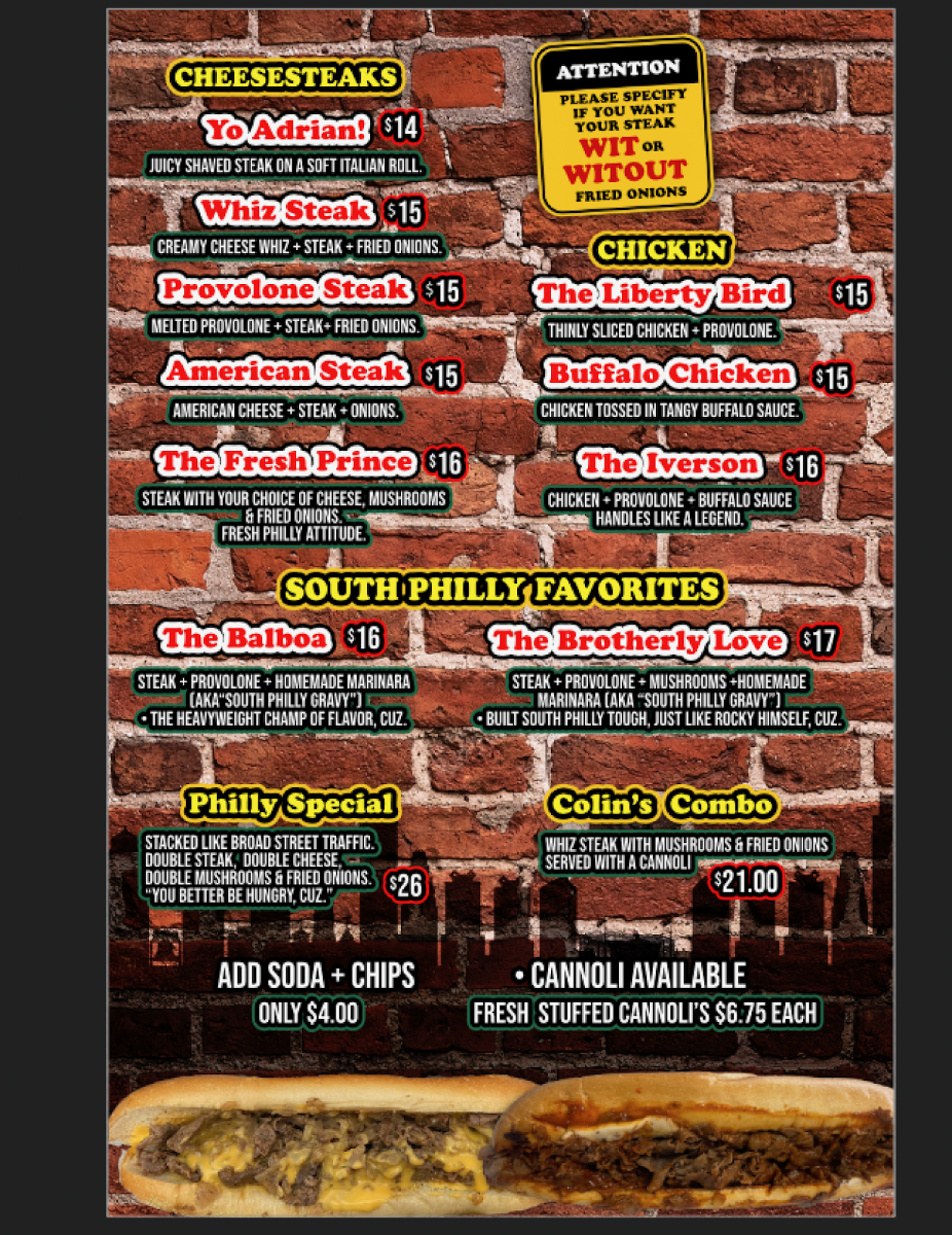 Philly’s Cheesesteaks 215 menu board