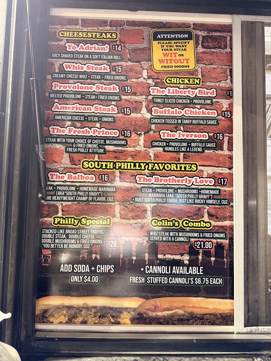 Philly’s Cheesesteaks 215 menu board
