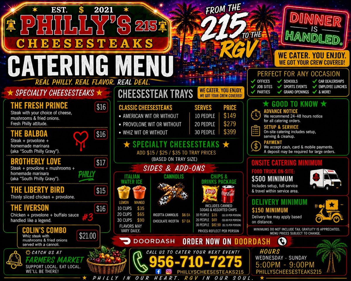 Philly’s Cheesesteaks 215 menu board