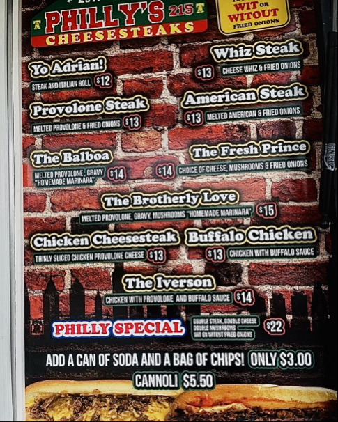Philly’s Cheesesteaks 215 menu board