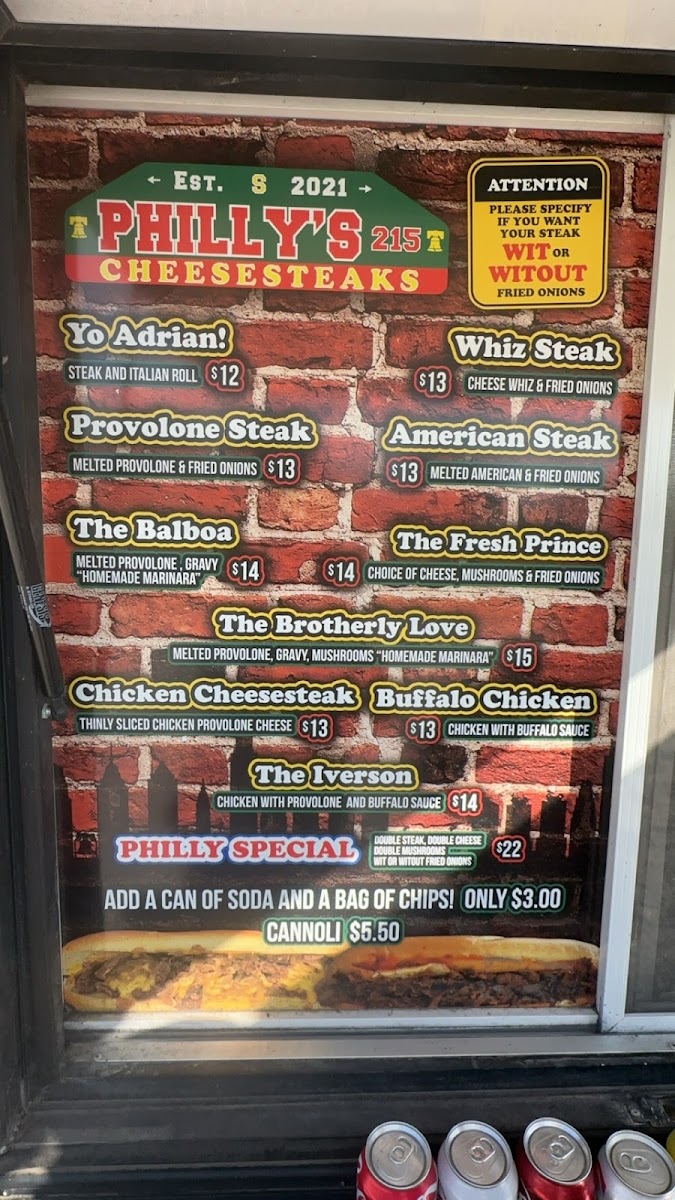 Philly’s Cheesesteaks 215 menu board