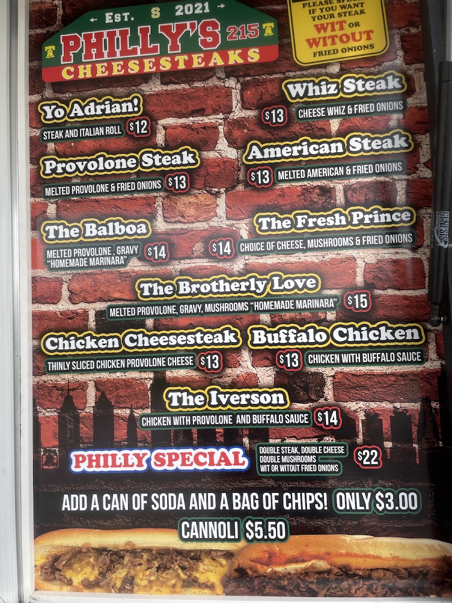 Philly’s Cheesesteaks 215 menu board