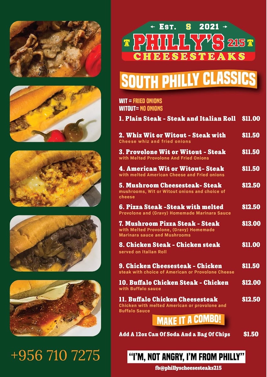 Philly’s Cheesesteaks 215 menu board