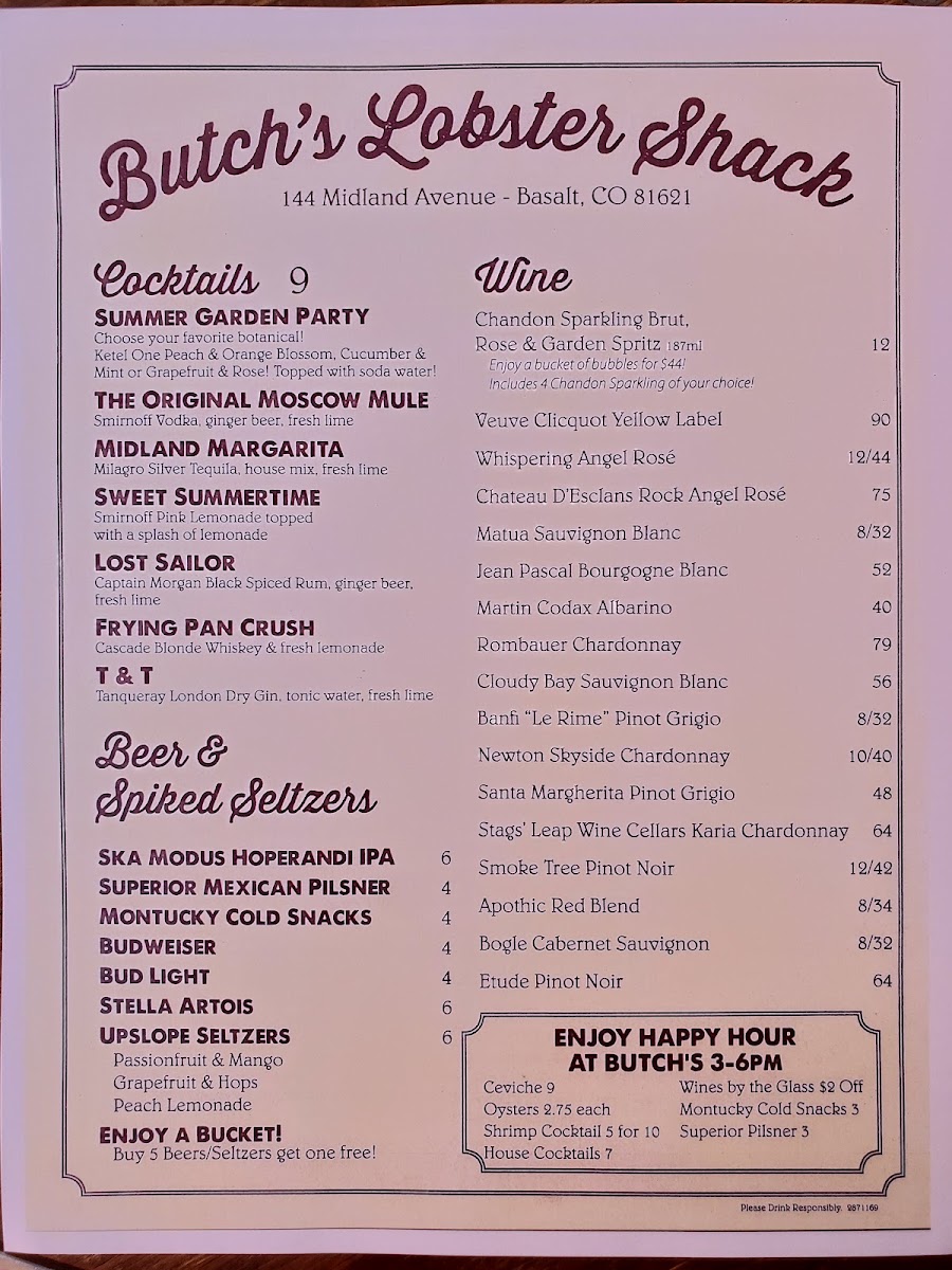 Butch's Lobster Shack menu board