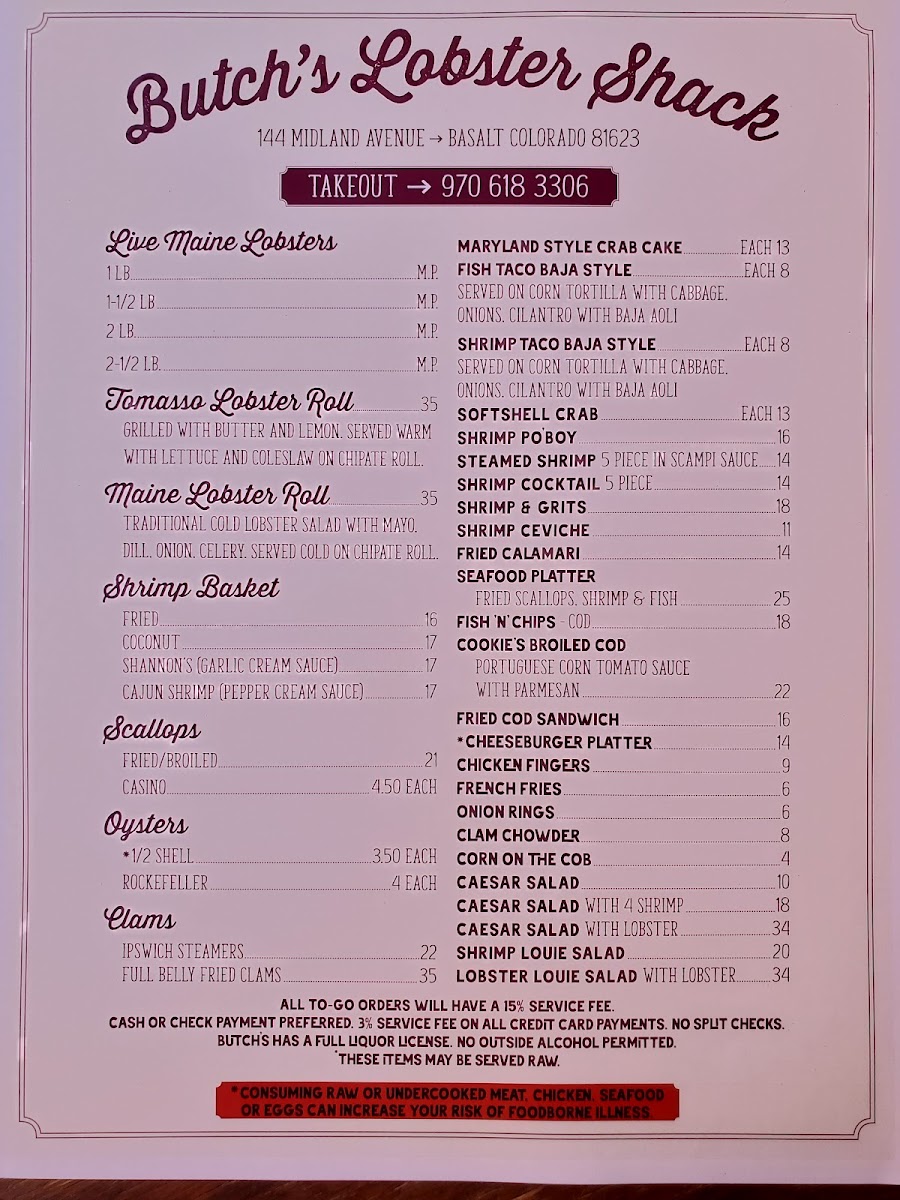 Butch's Lobster Shack menu board