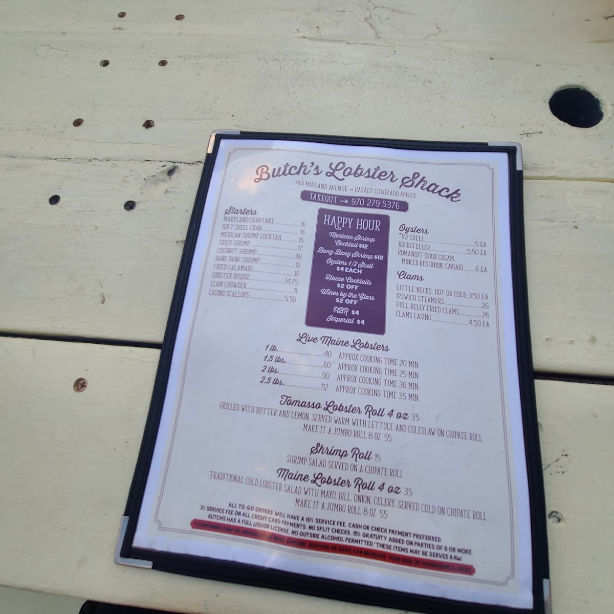 Butch's Lobster Shack menu board