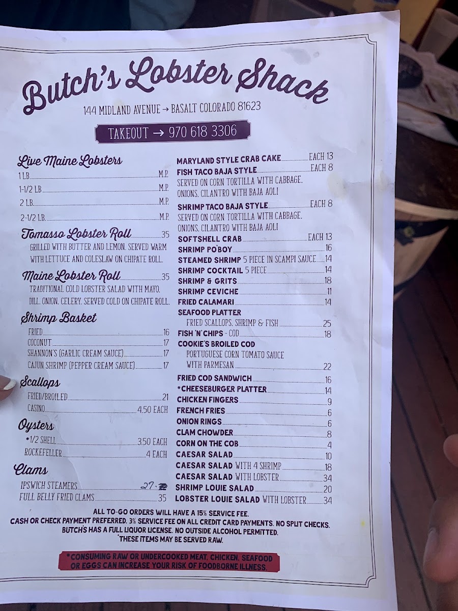 Butch's Lobster Shack menu board
