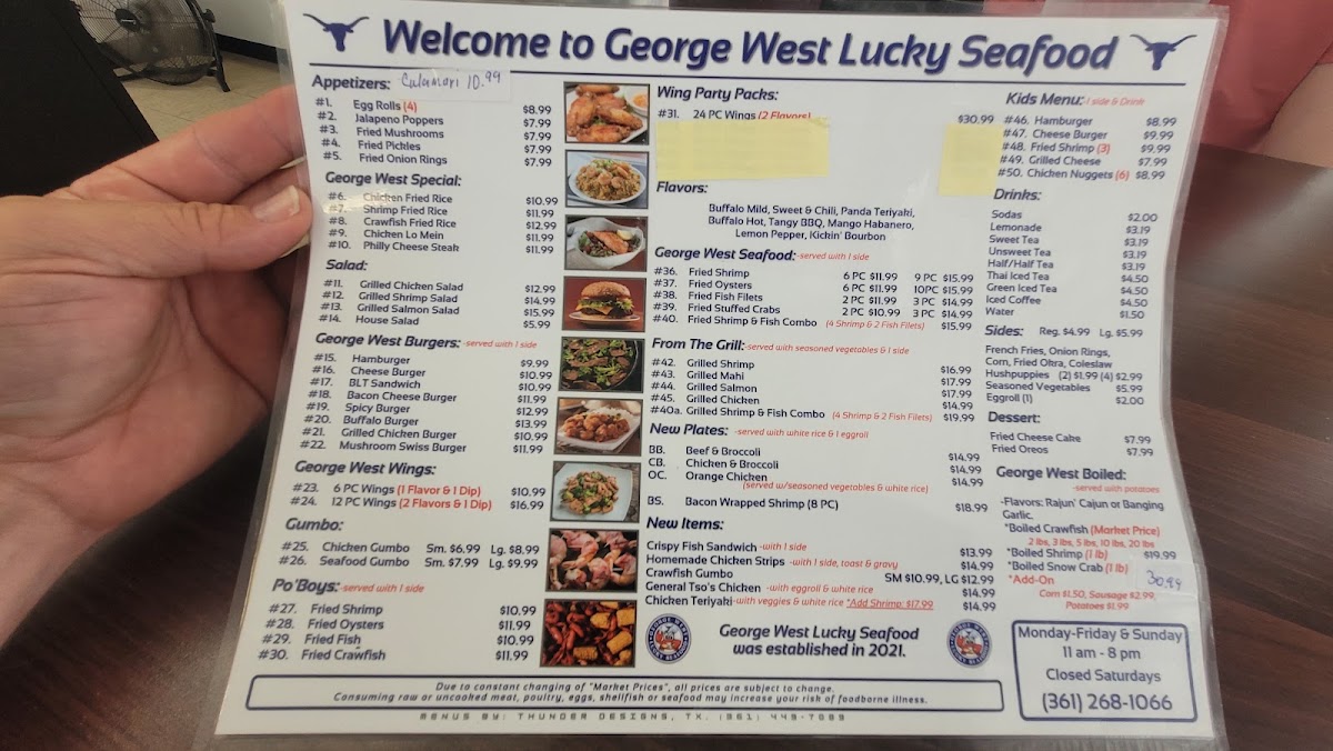 George West Lucky Seafood menu board