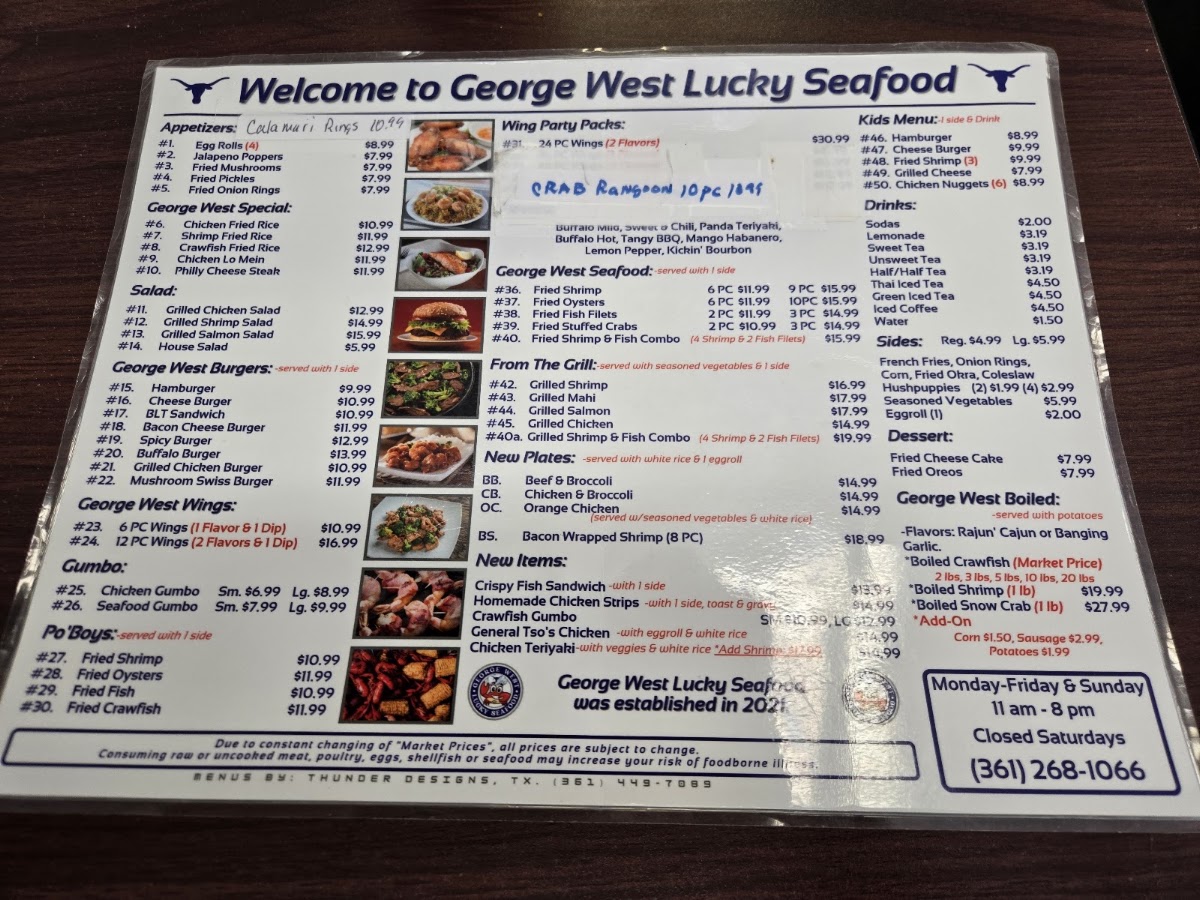 George West Lucky Seafood menu board