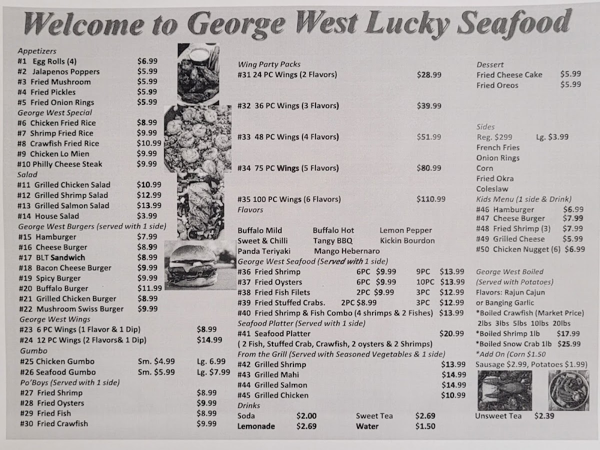 George West Lucky Seafood menu board