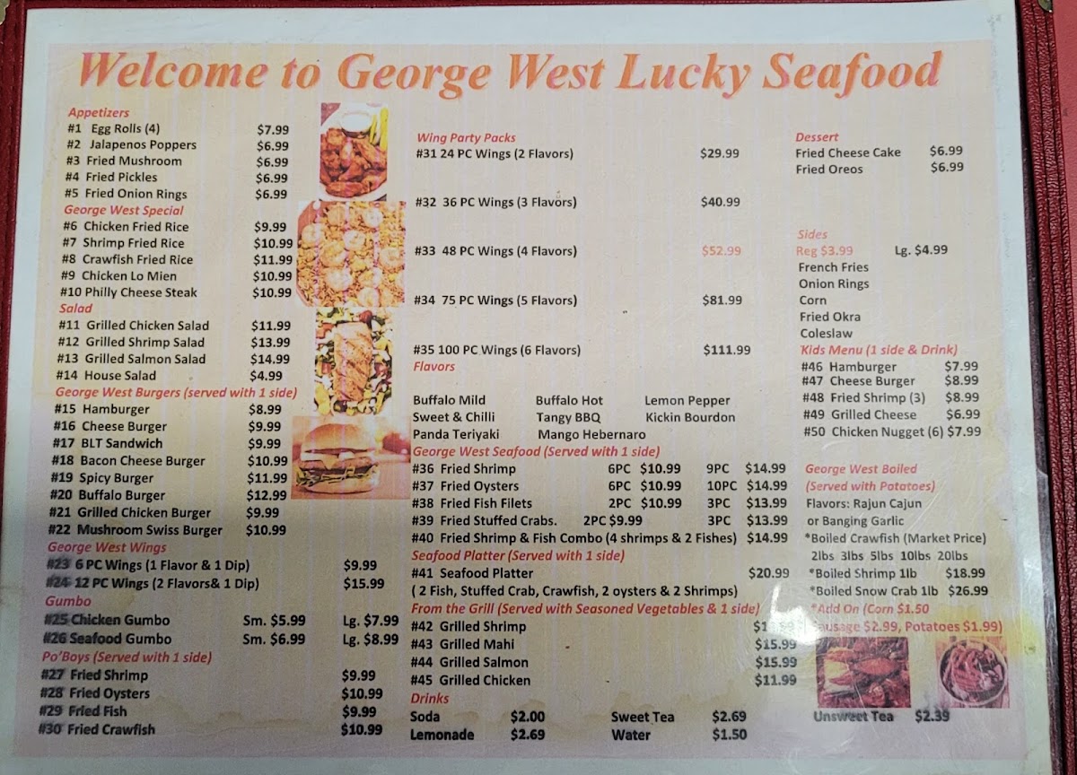 George West Lucky Seafood menu board