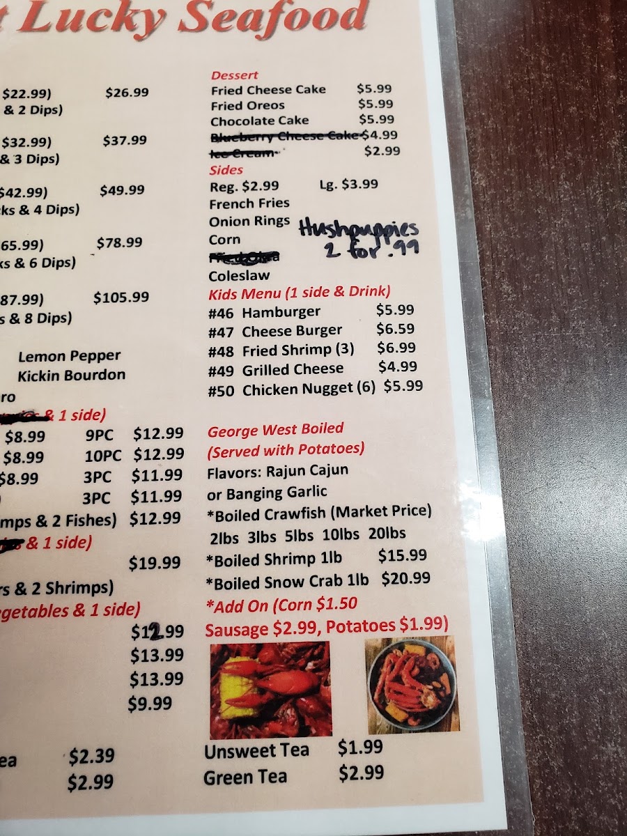 George West Lucky Seafood menu board