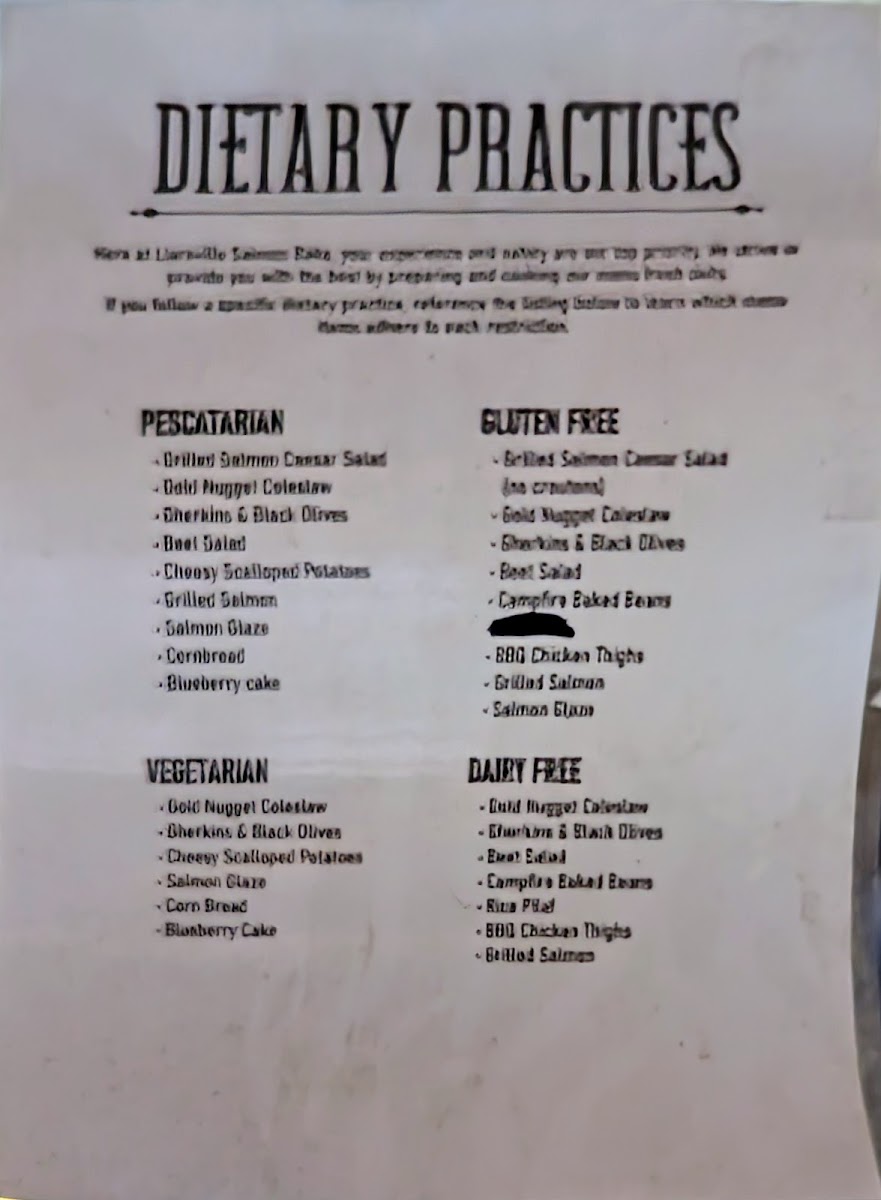 Liarsville Gold Rush Trail Camp & Salmon Bake menu board