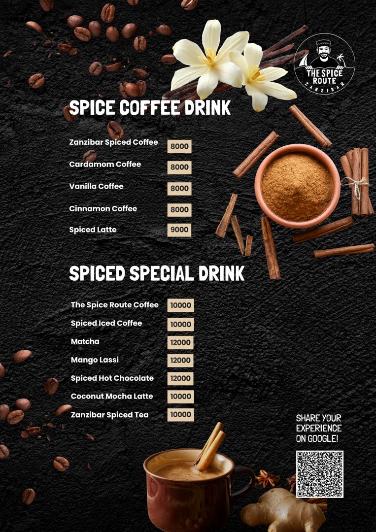 The Spice Route Zanzibar Cafe menu board