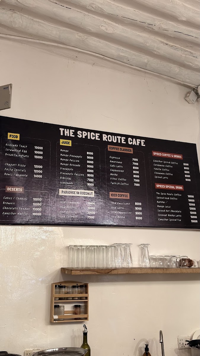 The Spice Route Zanzibar Cafe menu board