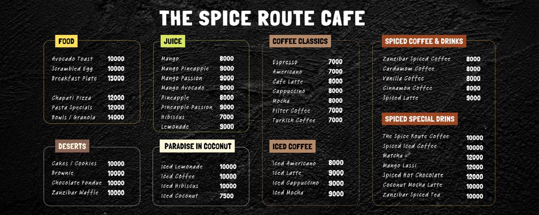 The Spice Route Zanzibar Cafe menu board