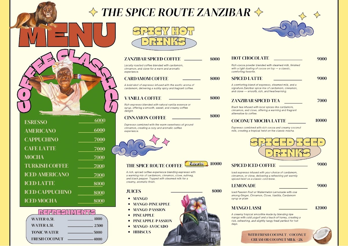 The Spice Route Zanzibar Cafe menu board