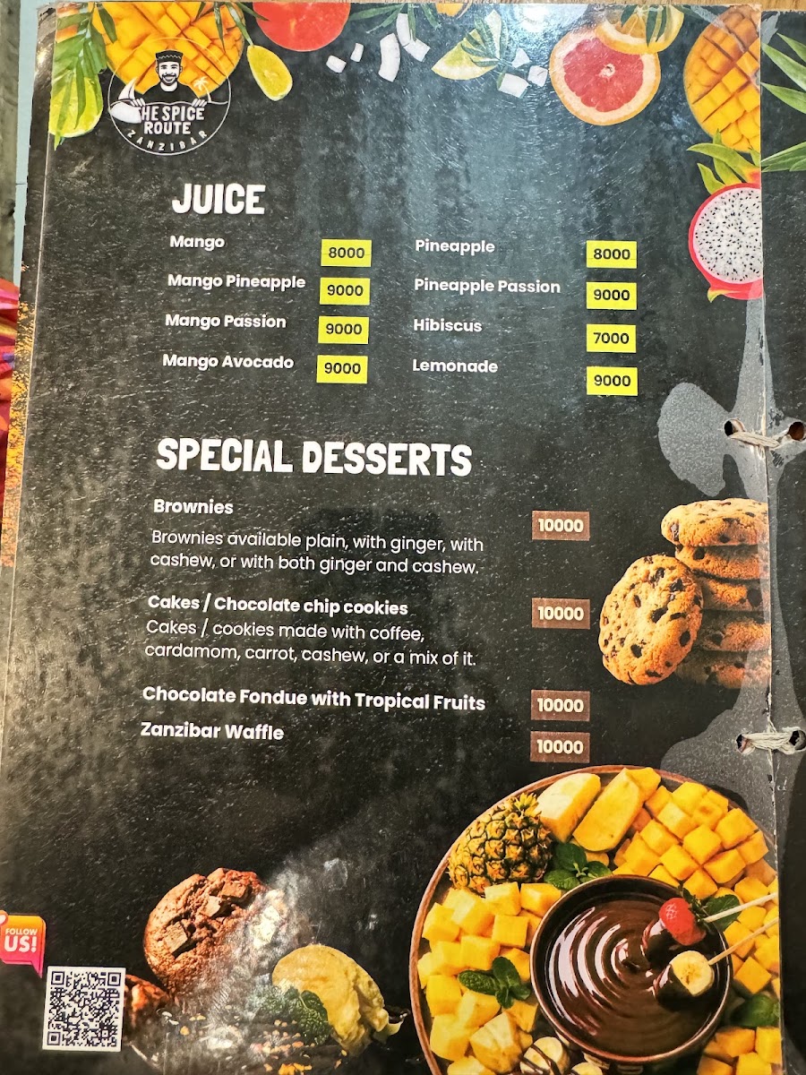 The Spice Route Zanzibar Cafe menu board