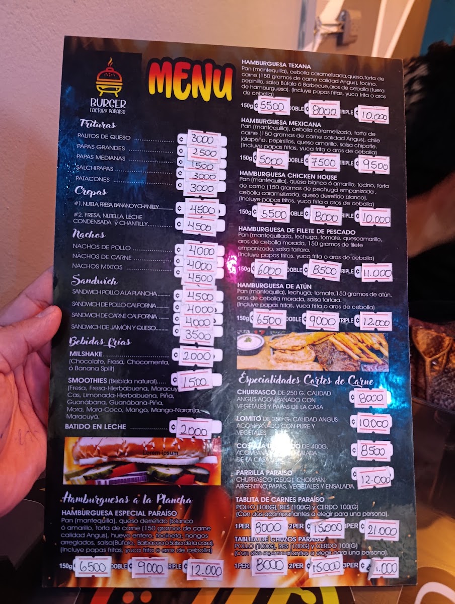 Burger Factory Paraíso menu board