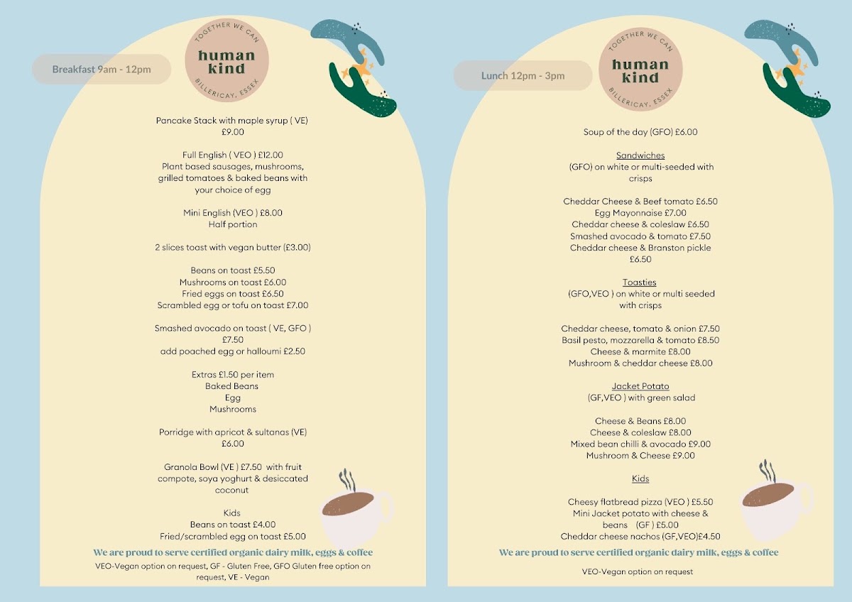 Human Kind Cafe menu board