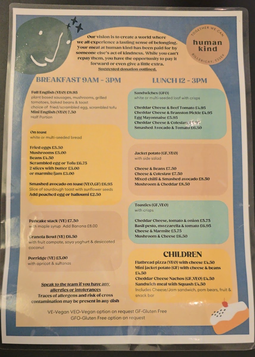 Human Kind Cafe menu board