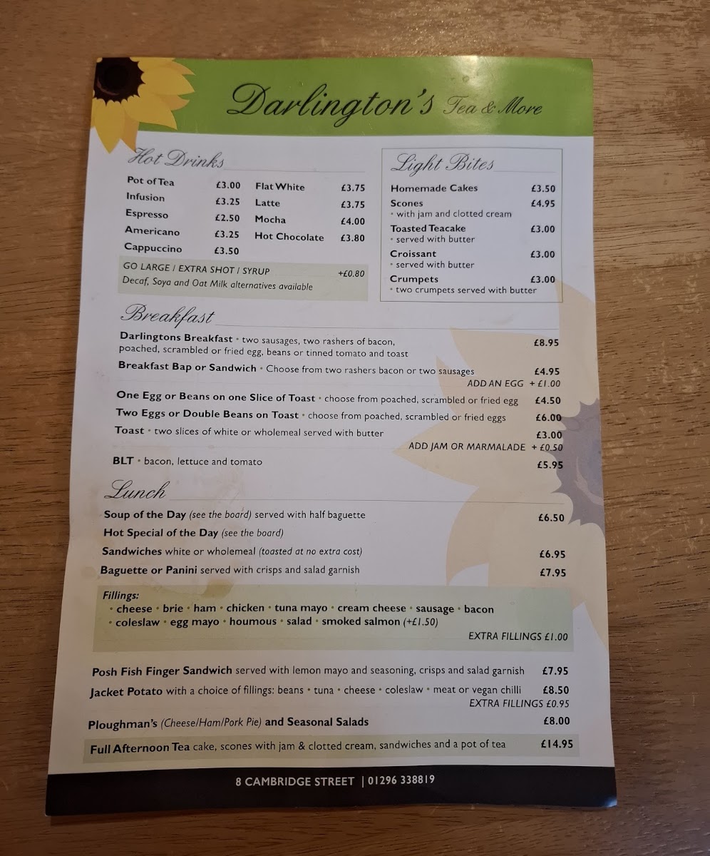 Darlington's Tea & more menu board