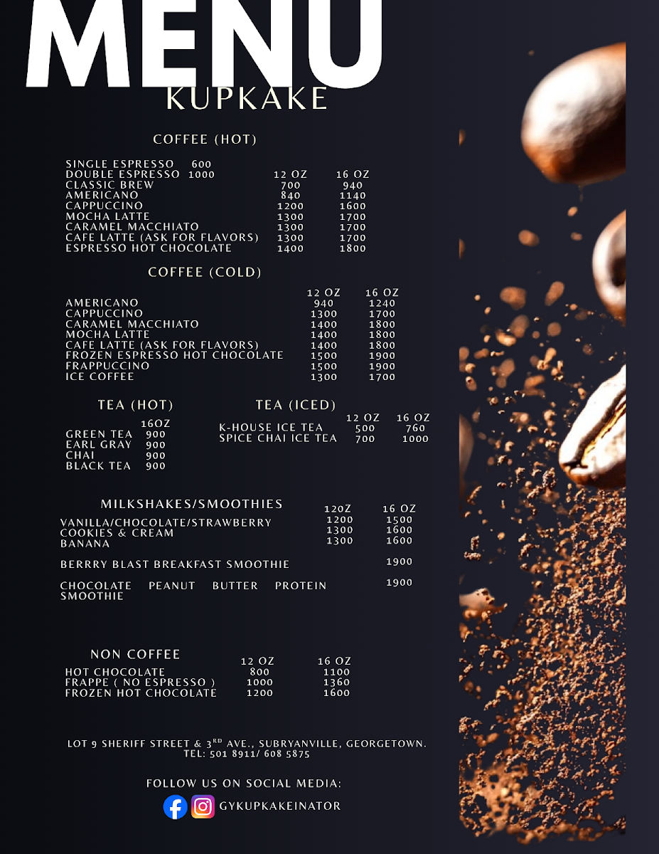 kupkakeinator Bakery & Cafe Inc. menu board