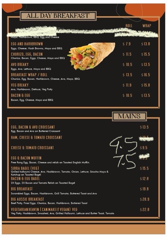 Hugs N Mugs cafe menu board