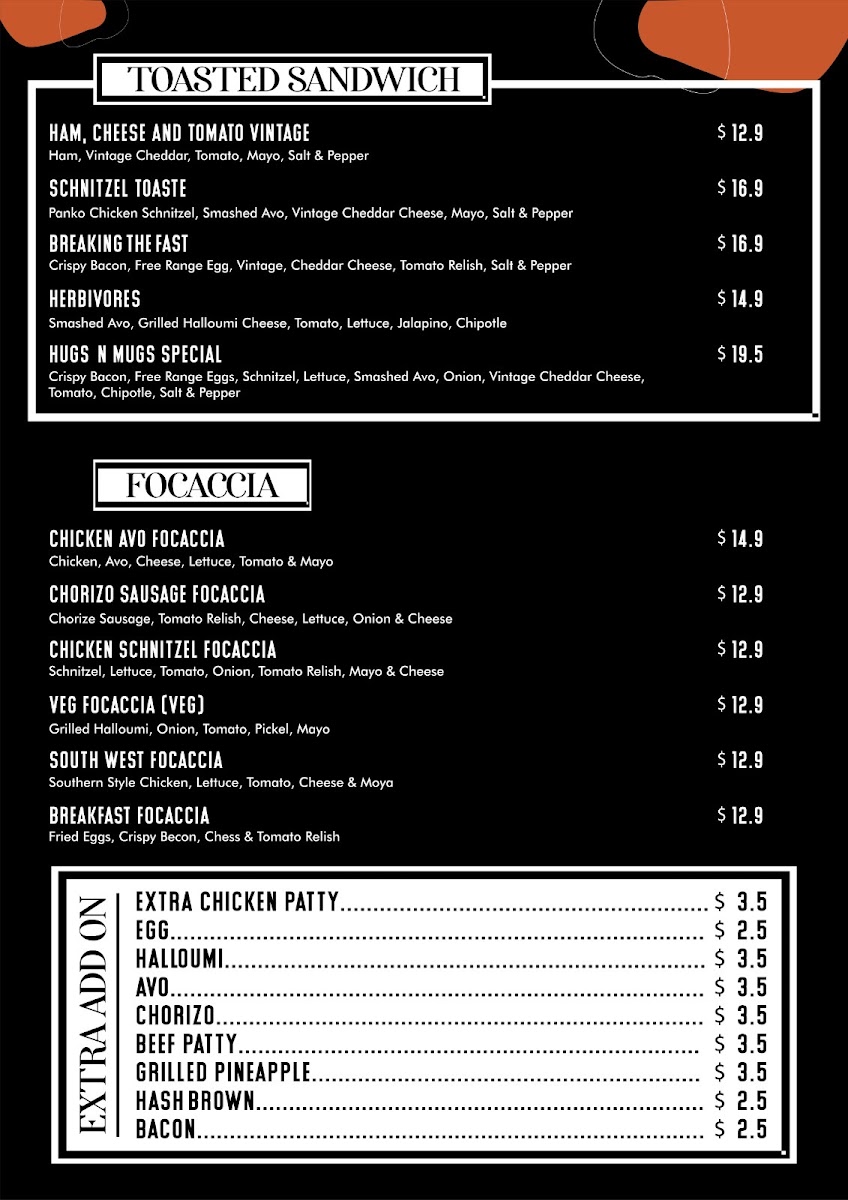 Hugs N Mugs cafe menu board